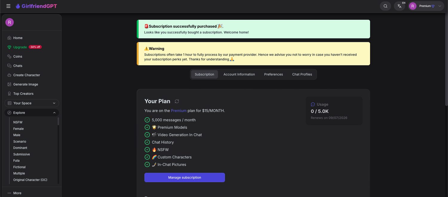 GirlfriendGPT account page confirming the subscription and showing the Premium plan with a 5,000 message allowance and renewal date