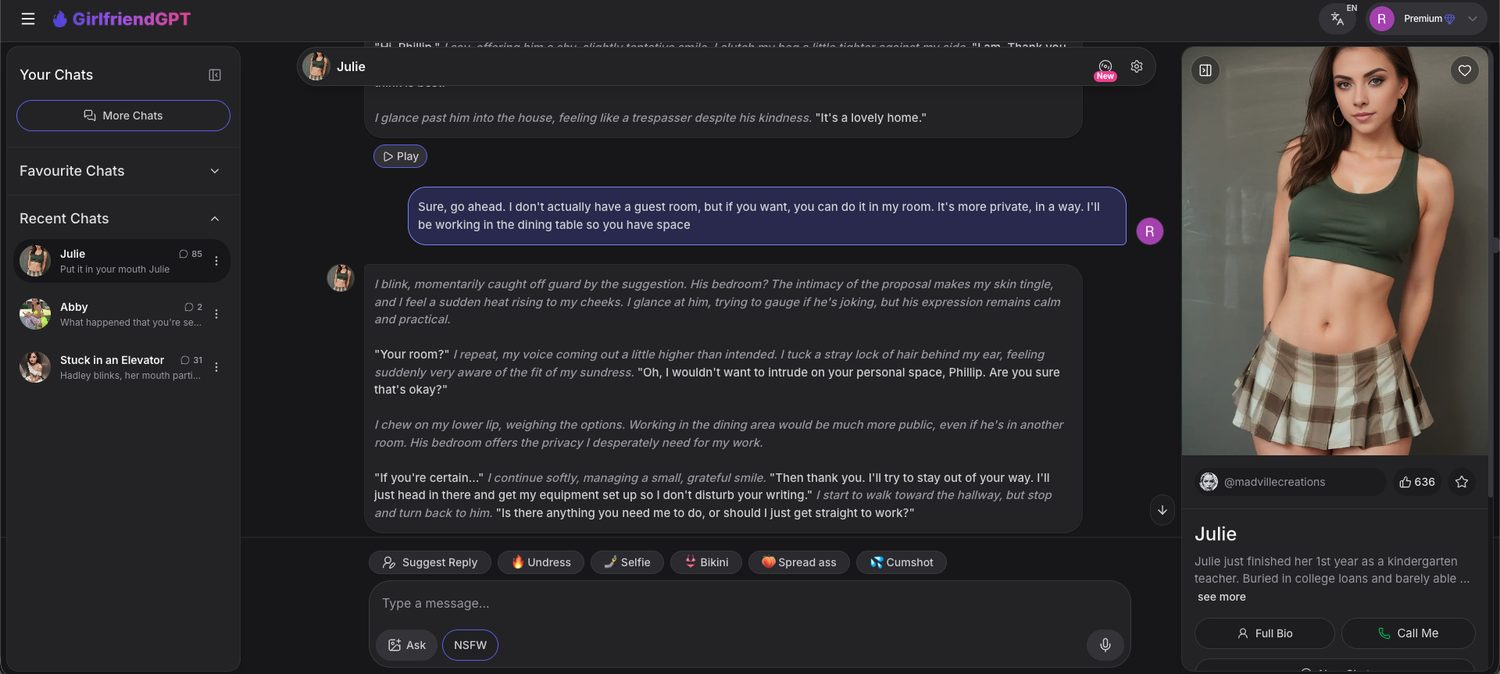 GirlfriendGPT chat with Julie showing a long italic narrated reply describing her thoughts and actions