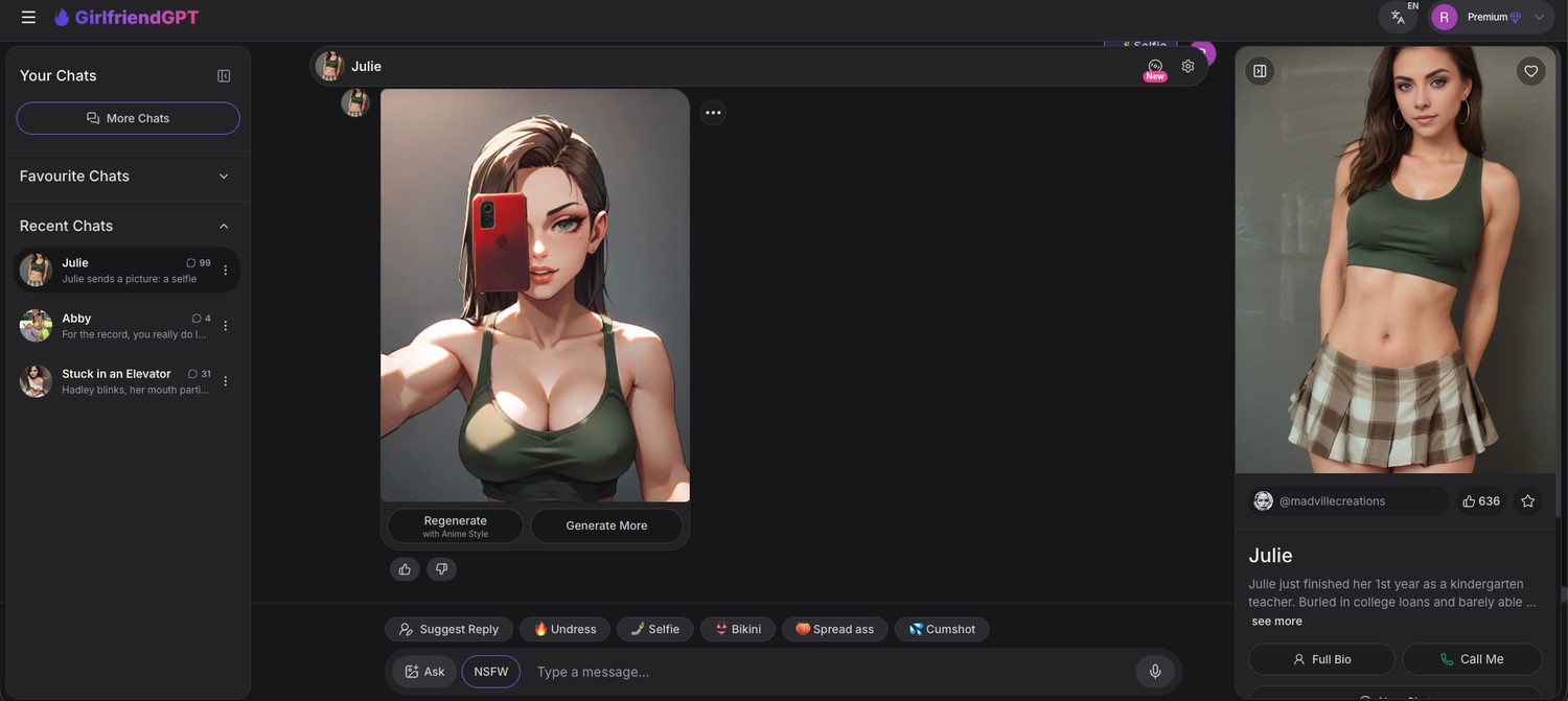 An anime-style selfie generated in the GirlfriendGPT chat with Julie, with a regenerate with anime style button below it