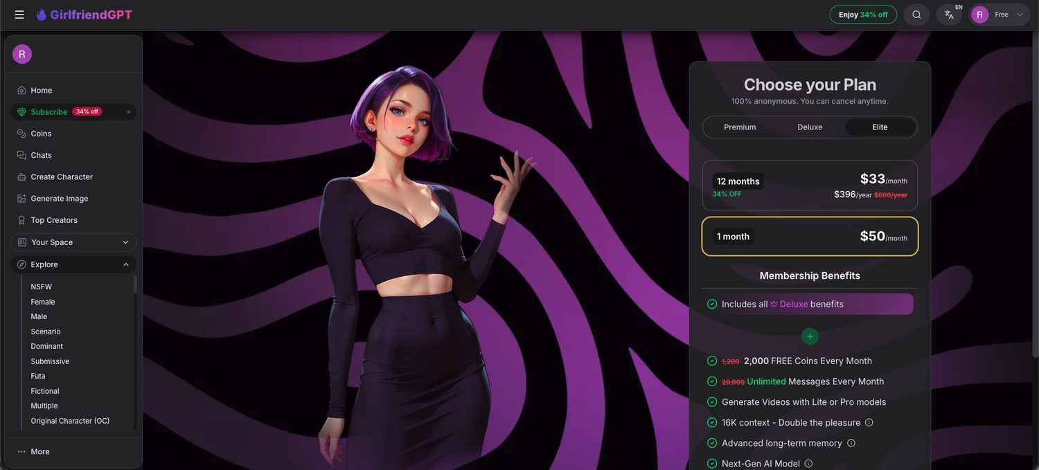 GirlfriendGPT choose your plan page opened on the Elite tier at 50 dollars a month, with an annual option at 34 percent off